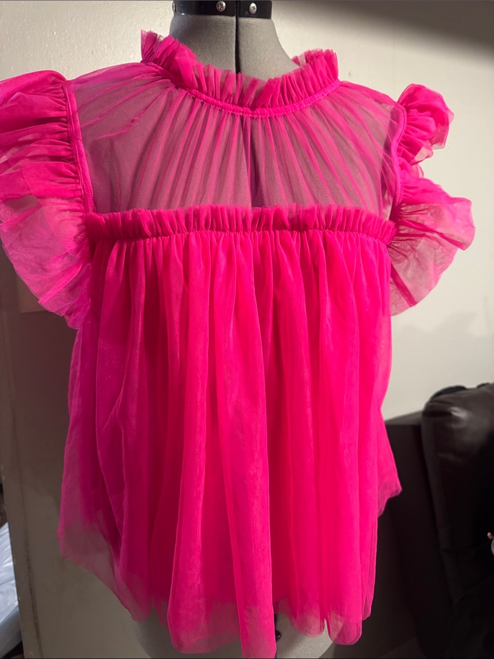 Anthropologie Hot Pink Ruffled Tulle Blouse
